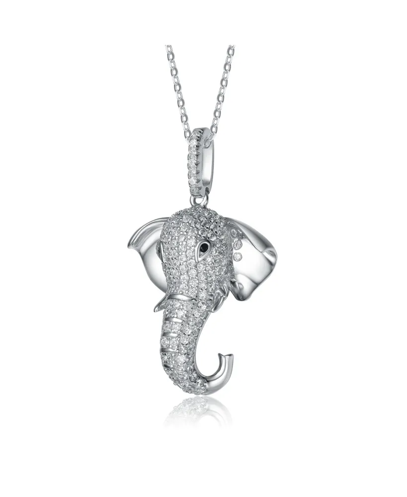 Genevive Rhodium-Plated with Cubic Zirconia Iced Out Lucky Elephant Head Pendant Necklace in Sterling Silver
