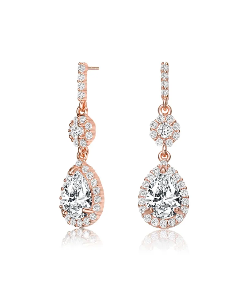 Genevive Sterling Silver with Rose Gold Plated Clear Pear with Round Cubic Zirconia Halo and Cluster Accent Drop Earrings