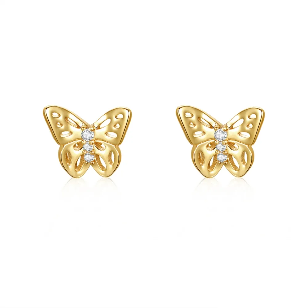 Rachel Glauber Enchanting 14k Yellow Gold Plated 3-Stone Filigree Butterfly Stud Earrings with Cubic Zirconia