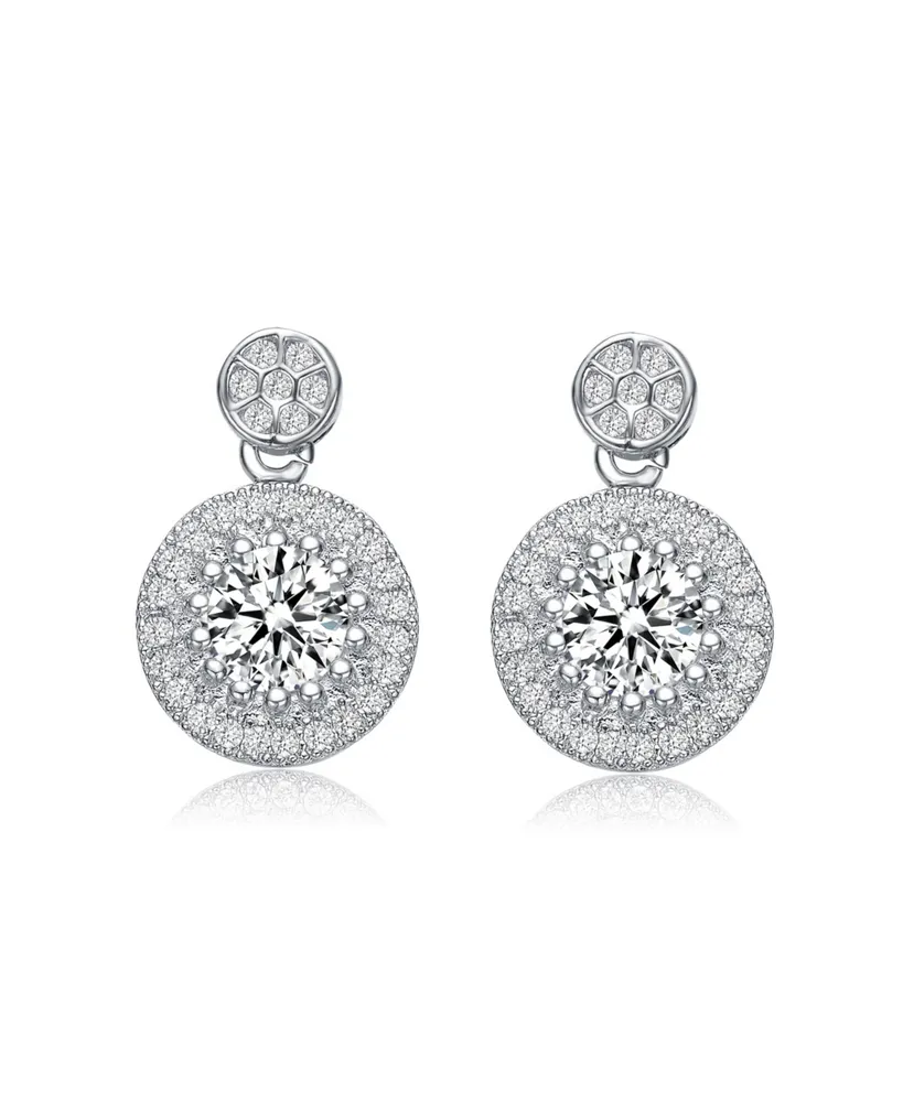 Genevive Sterling Silver with Rhodium Plated Clear Round Cubic Zirconia Thick Halo Drop Earrings