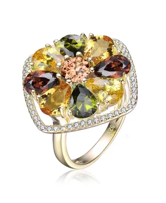 Genevive Sterling Silver 14K Gold Plated Multi Color Cubic Zirconia Accent Flower Setting Ring 