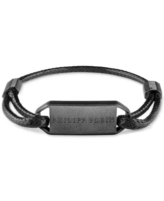 Philipp Plein Gunmetal Ip Stainless Steel Tag Leather Bracelet