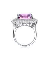 Genevive Sterling Silver White Gold Plated Pink Ascher Cubic Zirconia with Clear Round Zirconia's Double Halo Cocktail Ring