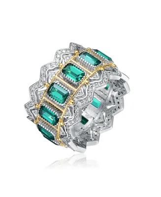 Genevive Sterling Silver Rhodium and 14K Gold Plated Emerald Cubic Zirconia Coctail Ring