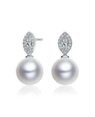 Elegant Sterling Silver & Rhodium-Plated Freshwater Pearl Earrings with Marquise Cubic Zirconia