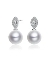 Elegant Sterling Silver & Rhodium-Plated Freshwater Pearl Earrings with Marquise Cubic Zirconia