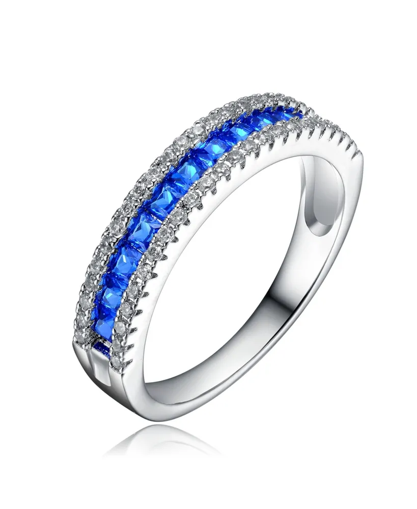 Genevive Sterling Silver Rhodium Plated Sapphire Cubic Zirconia Band Ring