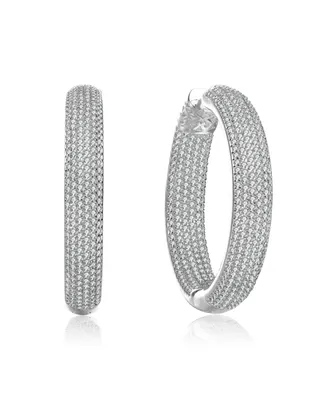 Rachel Glauber Ra Rhodium Plated Clear Round Cubic Zirconia Pave Hoop Earrings