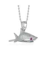 Rhodium-Plated with Red & Cubic ZIrconia Ice Out Shark Pendant Necklace in Sterling Silver