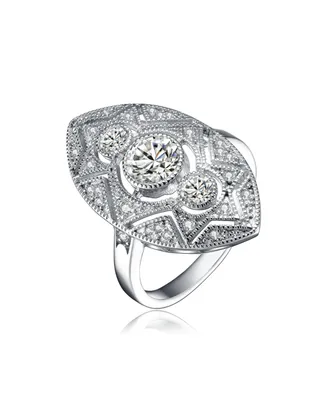 Genevive Sterling Silver Clear Round Cubic Zirconia Filigree Ring
