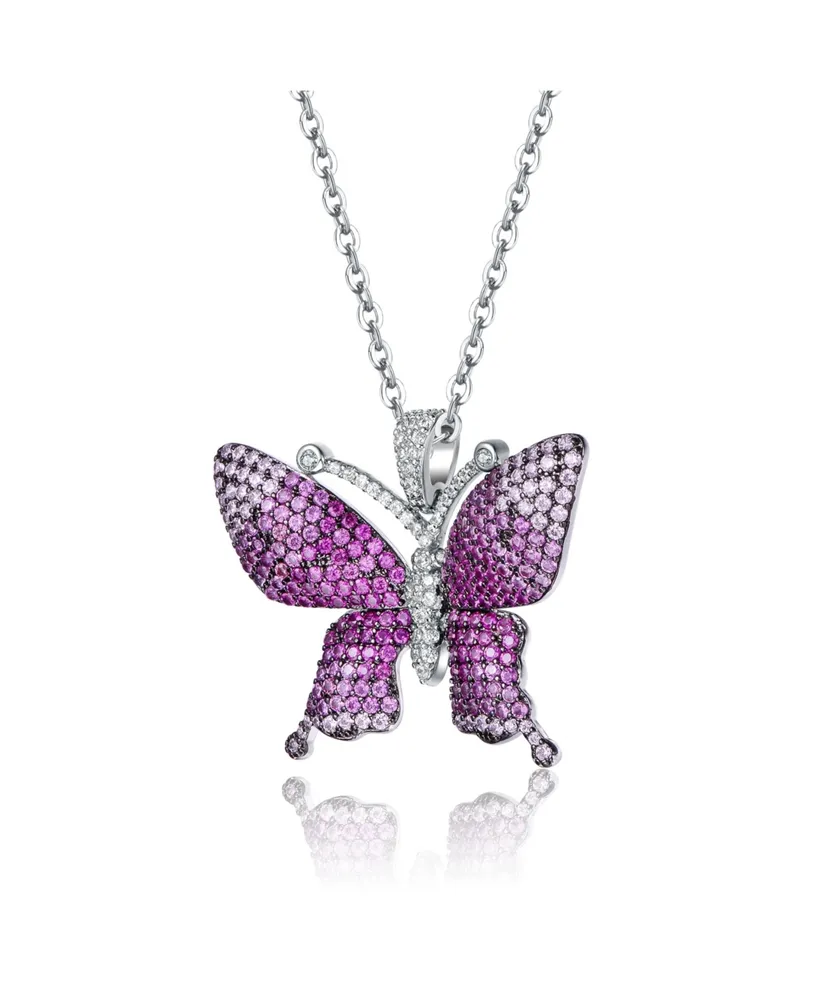 Genevive Sterling Silver with Rhodium and Black Plated Ruby Cubic Zirconia Butterfly Pendant Necklace
