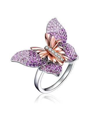 Genevive Elegant Sterling Silver & Rose Gold-Plated Multicolor Cubic Zirconia Butterfly Ring