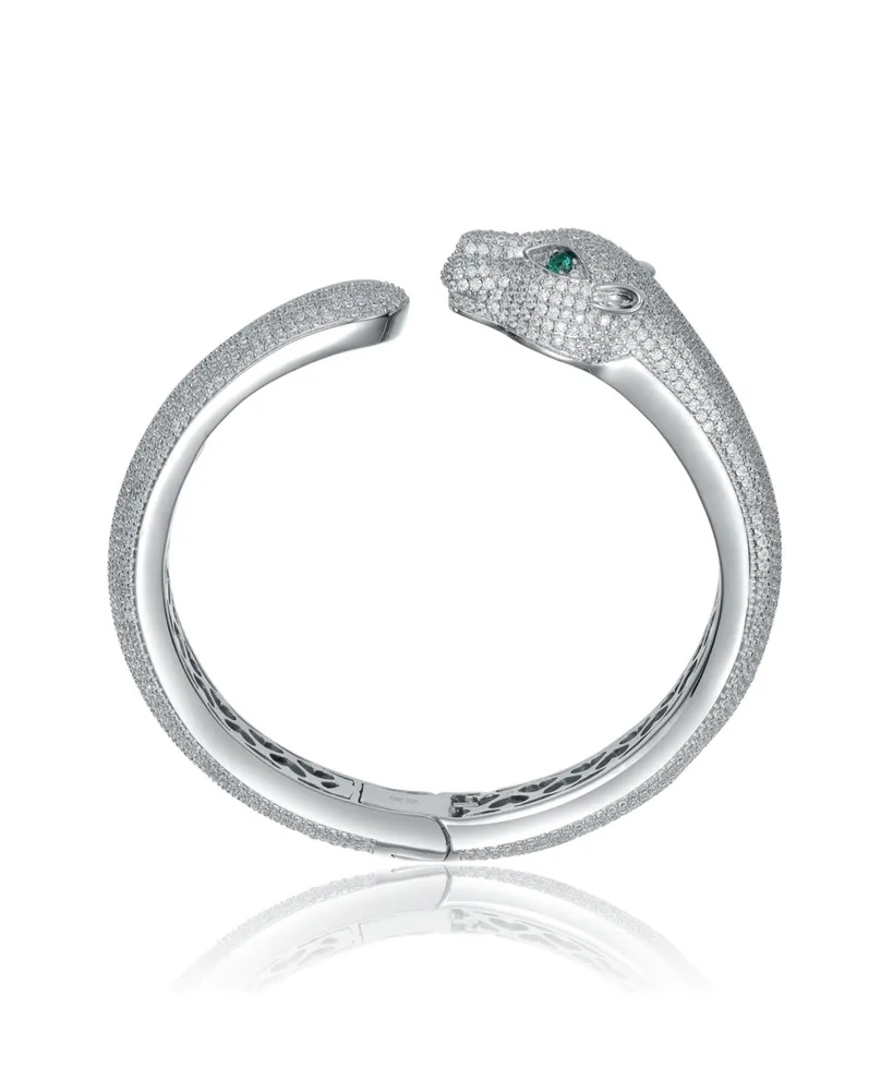 Genevive Sterling Silver with Emerald & Cubic Zirconia Hinged Open Cuff Bangle Bracelet
