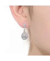 Genevive Sterling Silver with Rhodium Plated Clear Pear with Marquise and Round Cubic Zirconia Double Halo Dangle Earrings