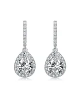 Genevive Sterling Silver with Rhodium Plated Clear Pear and Round Cubic Zirconia Halo Linear Drop Earrings