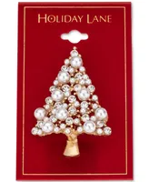 Holiday Lane Gold-Tone Crystal & Imitation Pearl Tree Pin, Created for Macy's