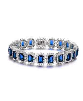 Genevive Sterling Silver with Blue Sapphire & Cubic Zirconia Rectangular Halo Cluster Link Vintage Tennis Bracelet