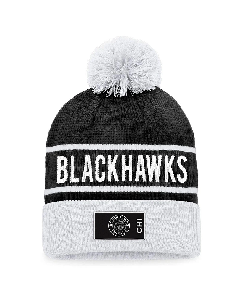 Men's Fanatics Black, White Chicago Blackhawks Authentic Pro Alternate Logo Cuffed Knit Hat with Pom