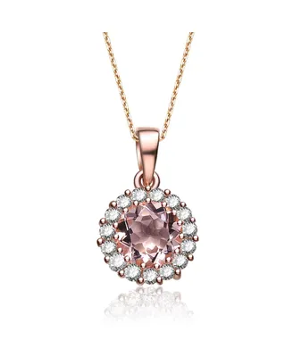 Genevive Sterling Silver with Rose Gold Plated Morganite Pink Round Cubic Zirconia with Small Clear Round Cubic Zirconias Halo Necklace