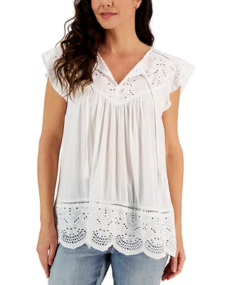 Style & Co Petite Lace-Trim Mixed Media Top