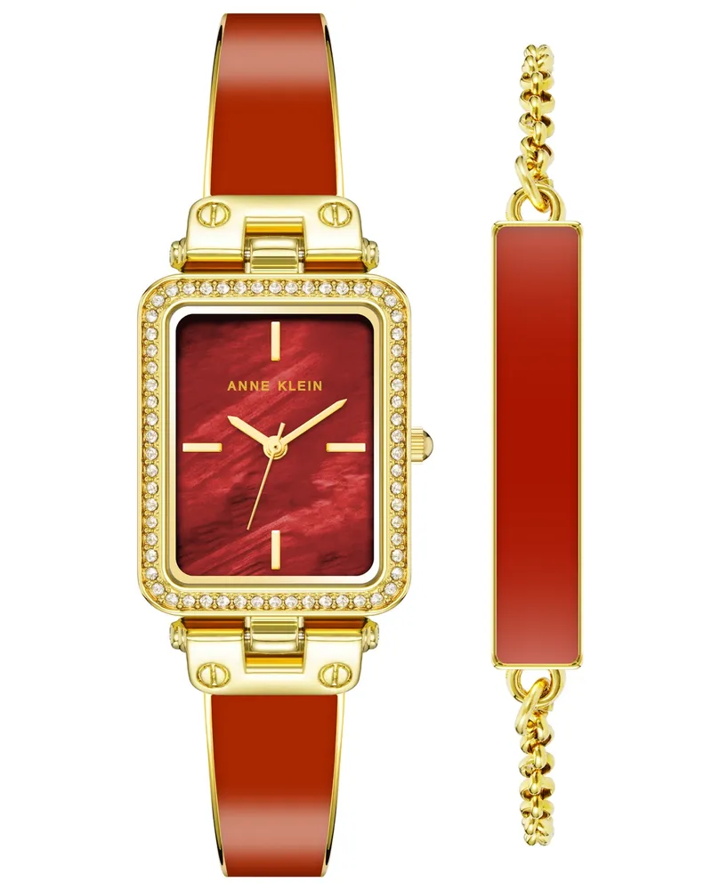 Anne Klein Women's Orange Enamel and Gold-Tone Alloy Bangle Watch Set 33.5mm