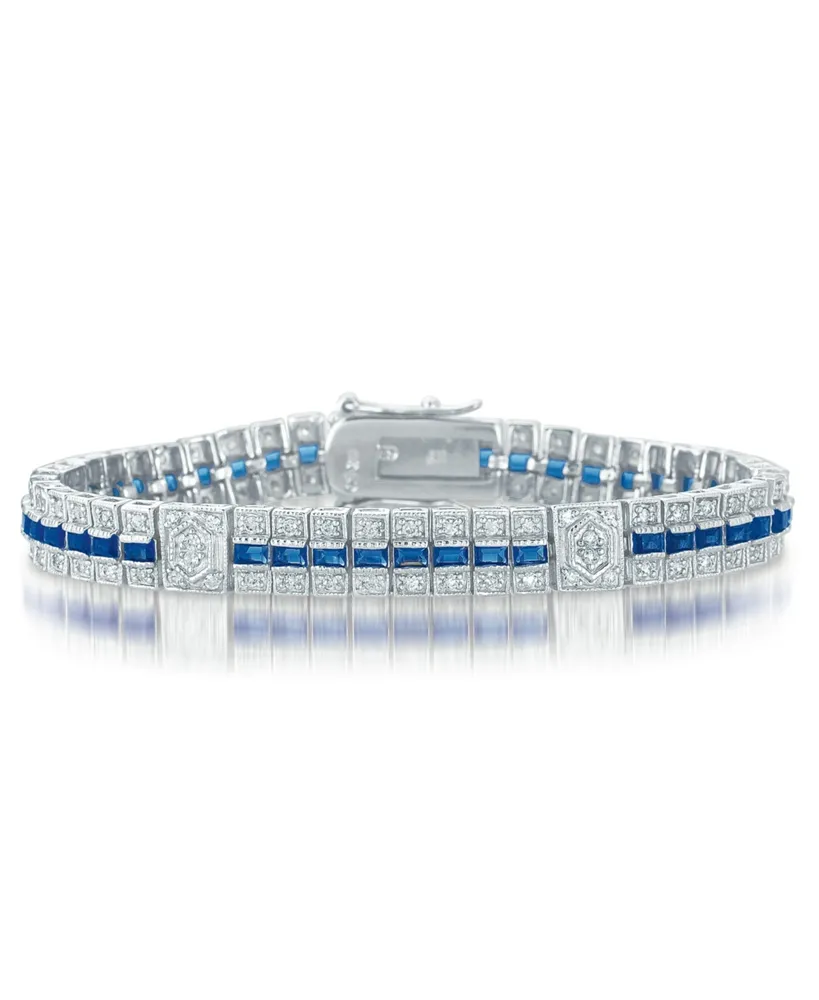 Genevive Sterling Silver Clear and Blue Cubic Zirocnia Stripe Bracelet