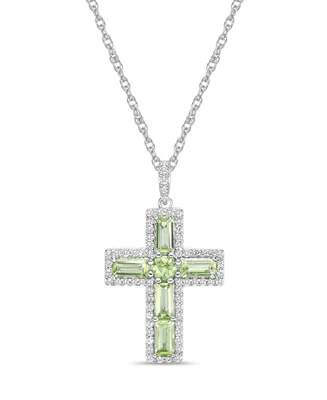 Sterling Silver Halo Birthstone Style Genuine Peridot and White Topaz Fancy Cut Cross Pendant Necklace