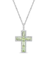 Sterling Silver Halo Birthstone Style Genuine Peridot and White Topaz Fancy Cut Cross Pendant Necklace