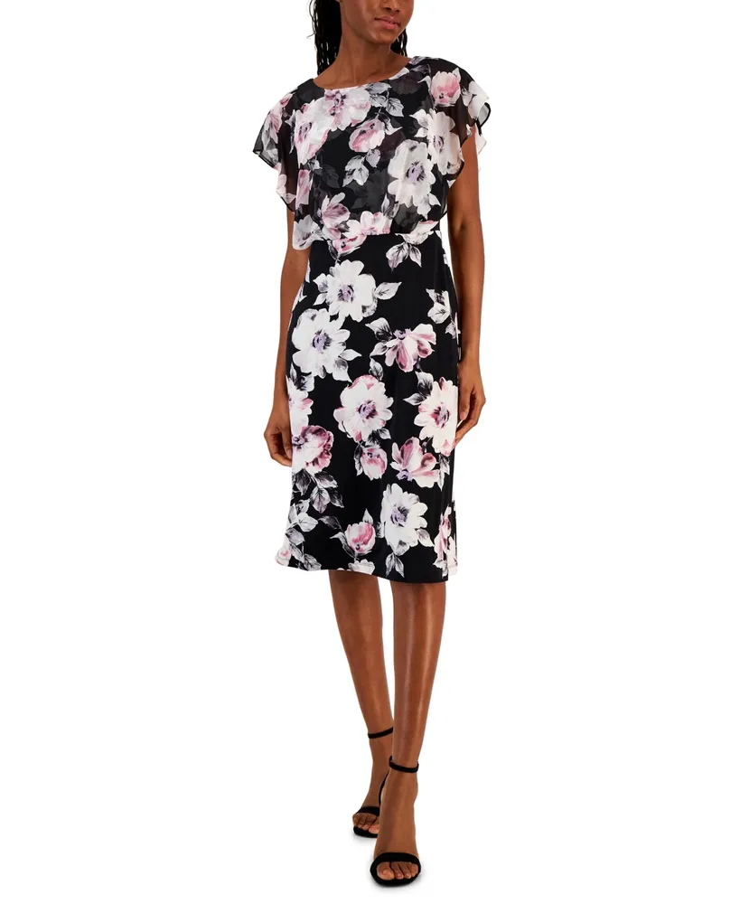 Connected Petite Floral-Print Chiffon Overlay Midi Dress