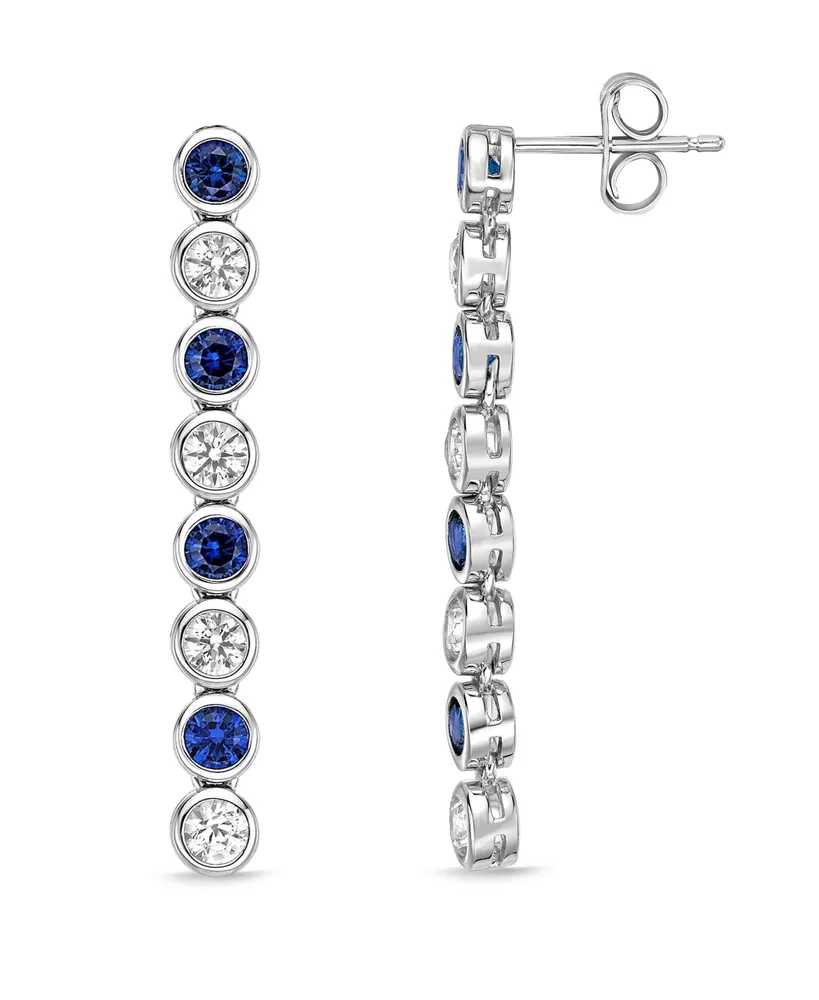 Lab Grown Blue and White Sapphire Bezel Set Drop Earrings in Sterling Silver