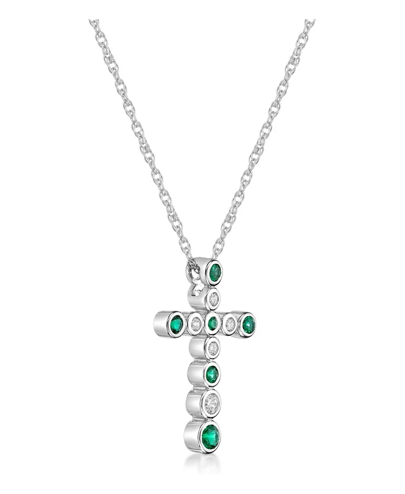 Lab Grown Emerald and Lab Grown White Sapphire (3/4 ct. t. w.) Bezel Set Cross Pendant Necklace Set in Sterling Silver