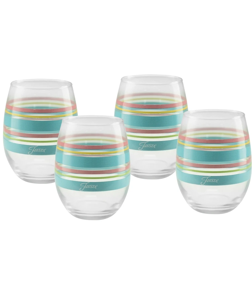 Fiesta Deco Fashion Peony Stripes Stemless 4 Piece Wine Glass Set, 15 oz