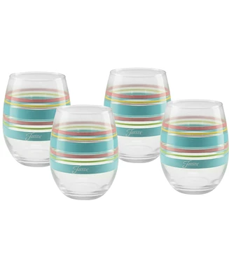 Fiesta Deco Fashion Peony Stripes Stemless 4 Piece Wine Glass Set, 15 oz