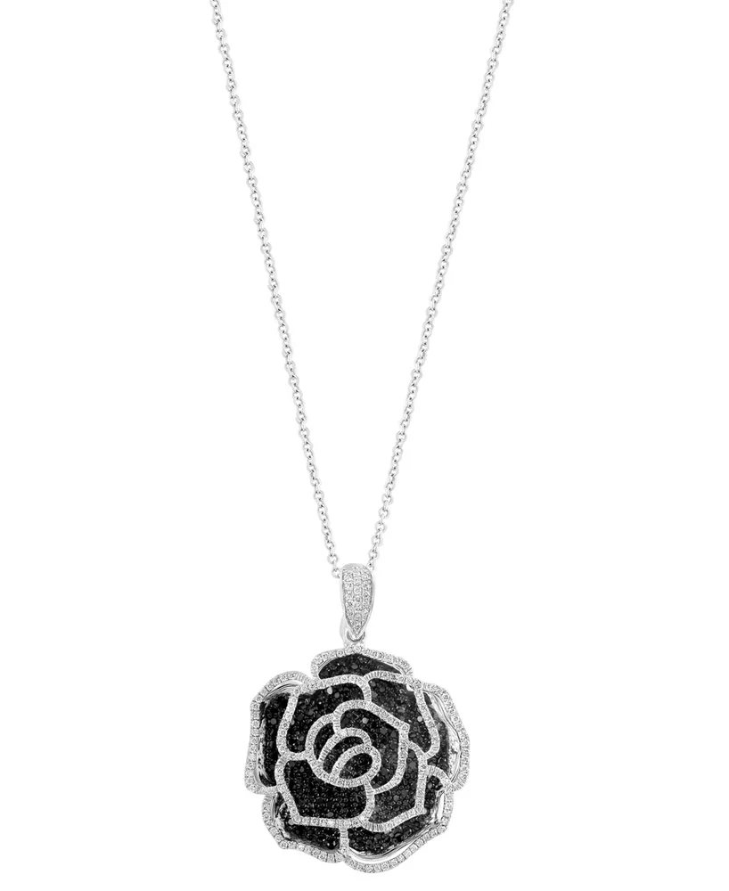 Effy Black Diamond (1-3/8 ct. t.w.) & White Diamond (5/8 ct. t.w.) Rose Pendant Necklace in 14k White Gold, 16-3/4" + 1-1/4" extender