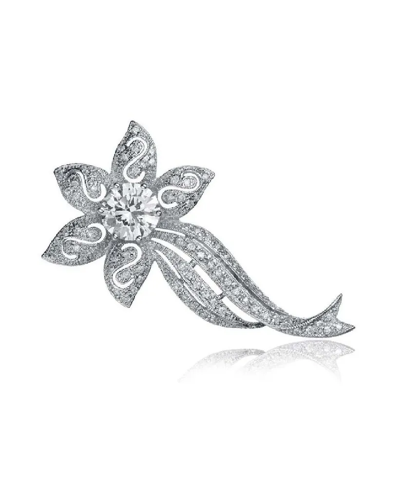 Sterling Silver Stylish White Cubic Zirconia Flower Pin