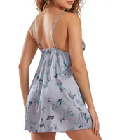 iCollection Satin Hummingbird Print Chemise Nightgown Lingerie, Online Only