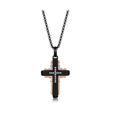 Mens Stainless Steel Black & Rose Gold Cz Cross Necklace