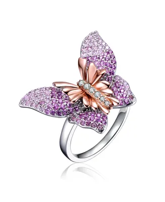 Genevive Elegant Sterling Silver & Rose Gold-Plated Multicolor Cubic Zirconia Butterfly Ring