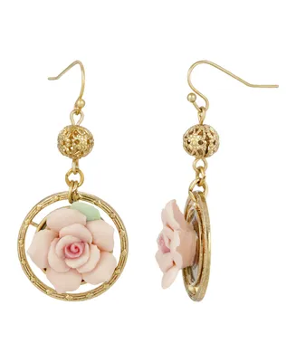 2028 14K Gold Plated Large Pink Porcelain Rose Drop Earrings