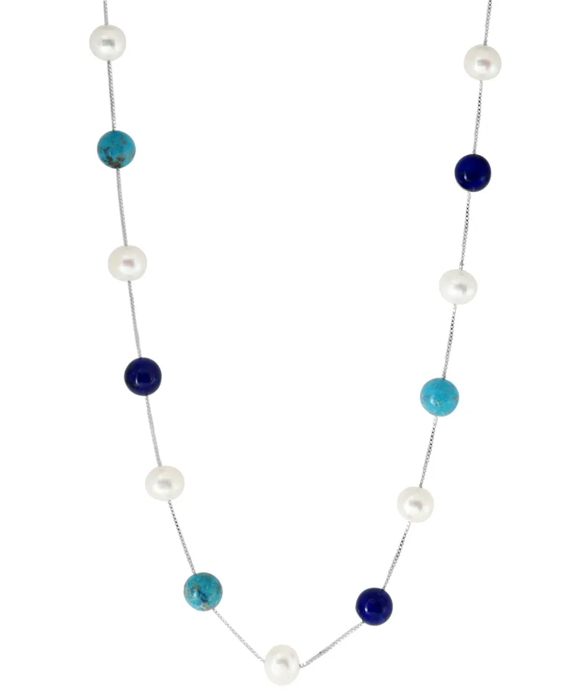 Effy Freshwater Pearl (8mm), Lapis Lazuli, & Turquoise Bead 18" Collar Necklace in Sterling Silver