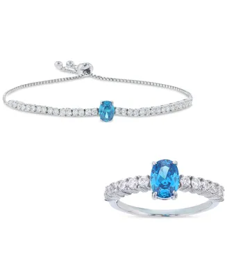 2-Pc. Set Blue & White Cubic Zirconia Ring Matching Bolo Bracelet Sterling Silver