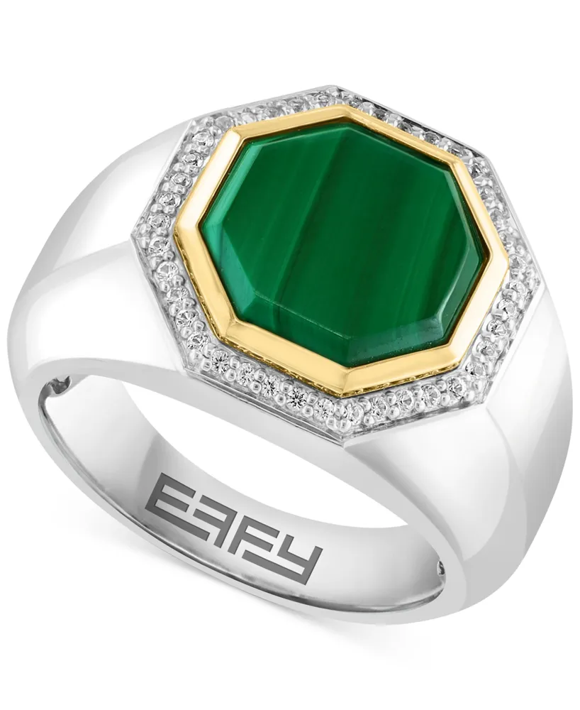 Effy Men's Malachite & White Sapphire (1/2 ct. t.w.) Ring in Sterling Silver & 14K Gold-Plate