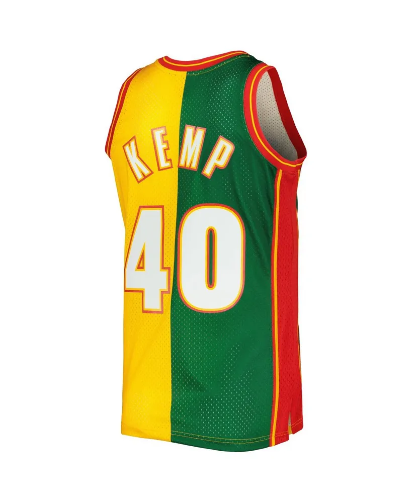 Men's Mitchell & Ness Shawn Kemp Green, Gold Seattle SuperSonics Hardwood Classics 1995-96 Split Swingman Jersey