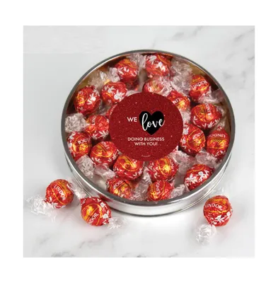 Valentine's Day Candy Gift Tin with Chocolate Lindor Truffles by Lindt Large Plastic Tin with Sticker - Business Thank You