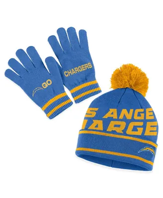 Women's Wear by Erin Andrews Powder Blue Los Angeles Chargers Double Jacquard Cuffed Knit Hat with Pom and Gloves Set