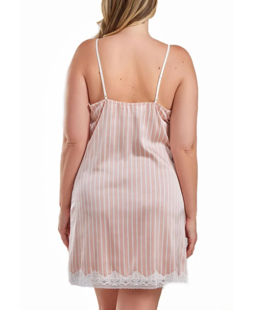iCollection Brillow Plus Satin Striped Chemise with Lace Trim