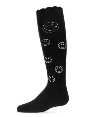 Girl's Jeweled Smiley Face Cotton Blend Knee High Socks