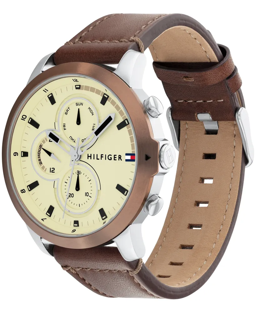 Tommy Hilfiger Men's Multifunction Brown Leather Strap Watch 46mm