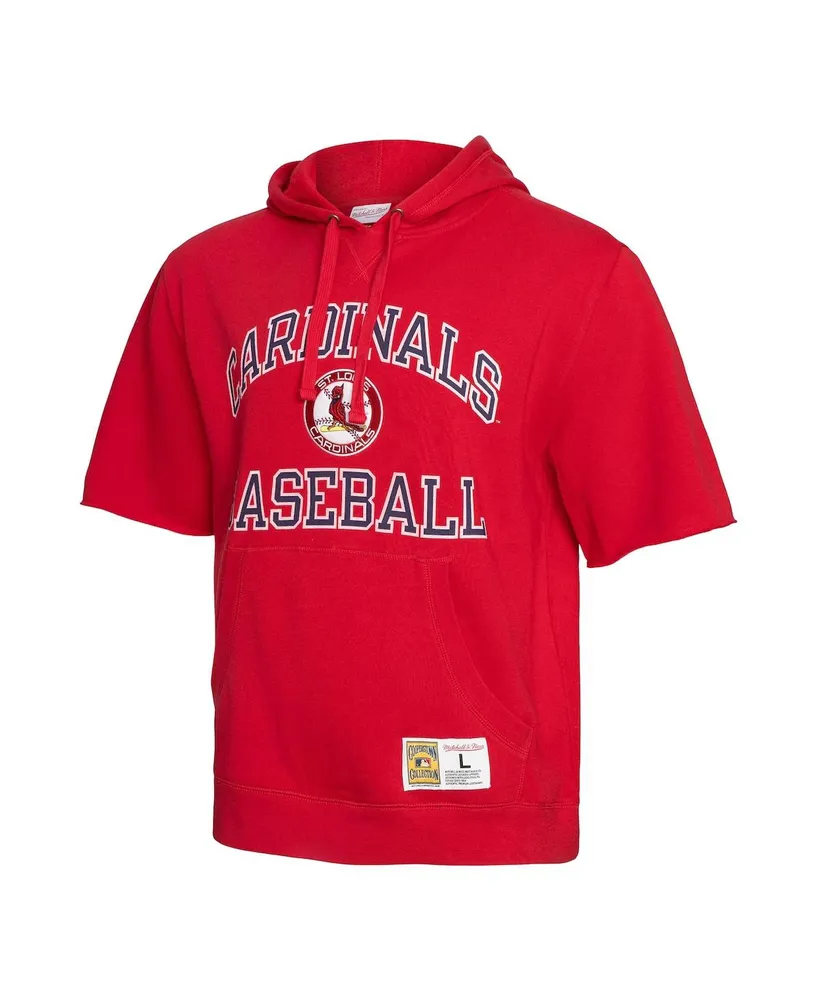 Men's Mitchell & Ness Red St. Louis Cardinals Cooperstown Collection Washed Fleece Pullover Short Sleeve Hoodie