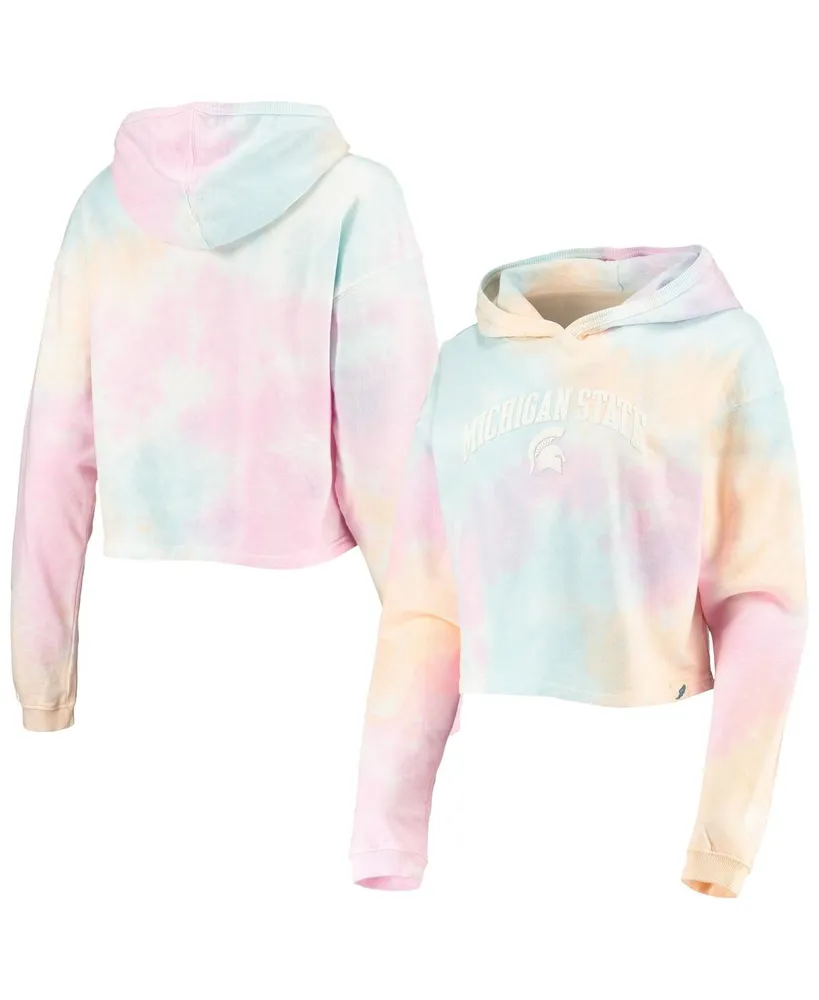 Women's League Collegiate Wear Pink, White Michigan State Spartans Tie-Dye Cropped Pullover Hoodie